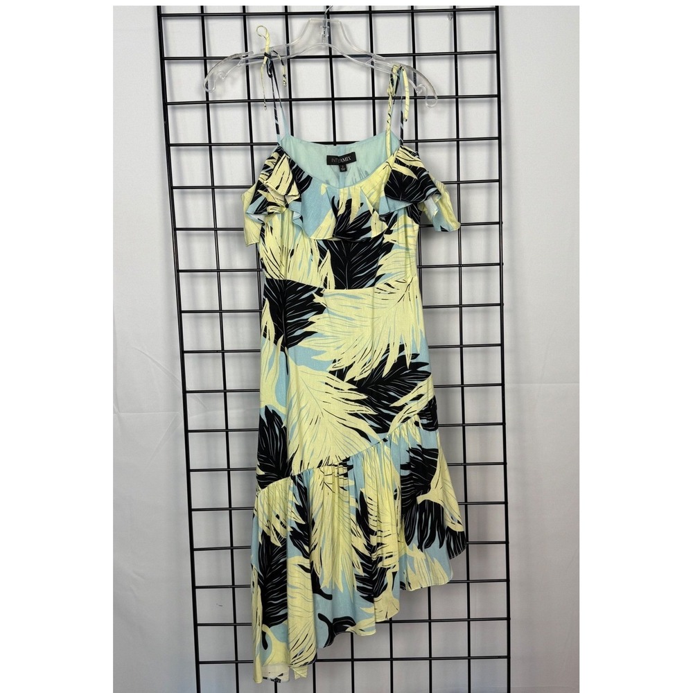 Intermix Dress Women 2 Yellow Lauren Palm Asy Silk Linen Asymmetrical Floral NWT